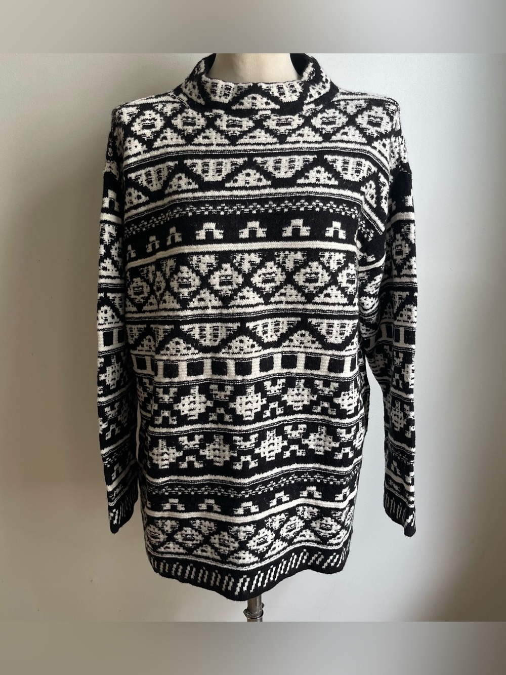 NWT J. Jill Black & White Nordic Mockneck Sweater Cotton Blend Pullover Knit  XL